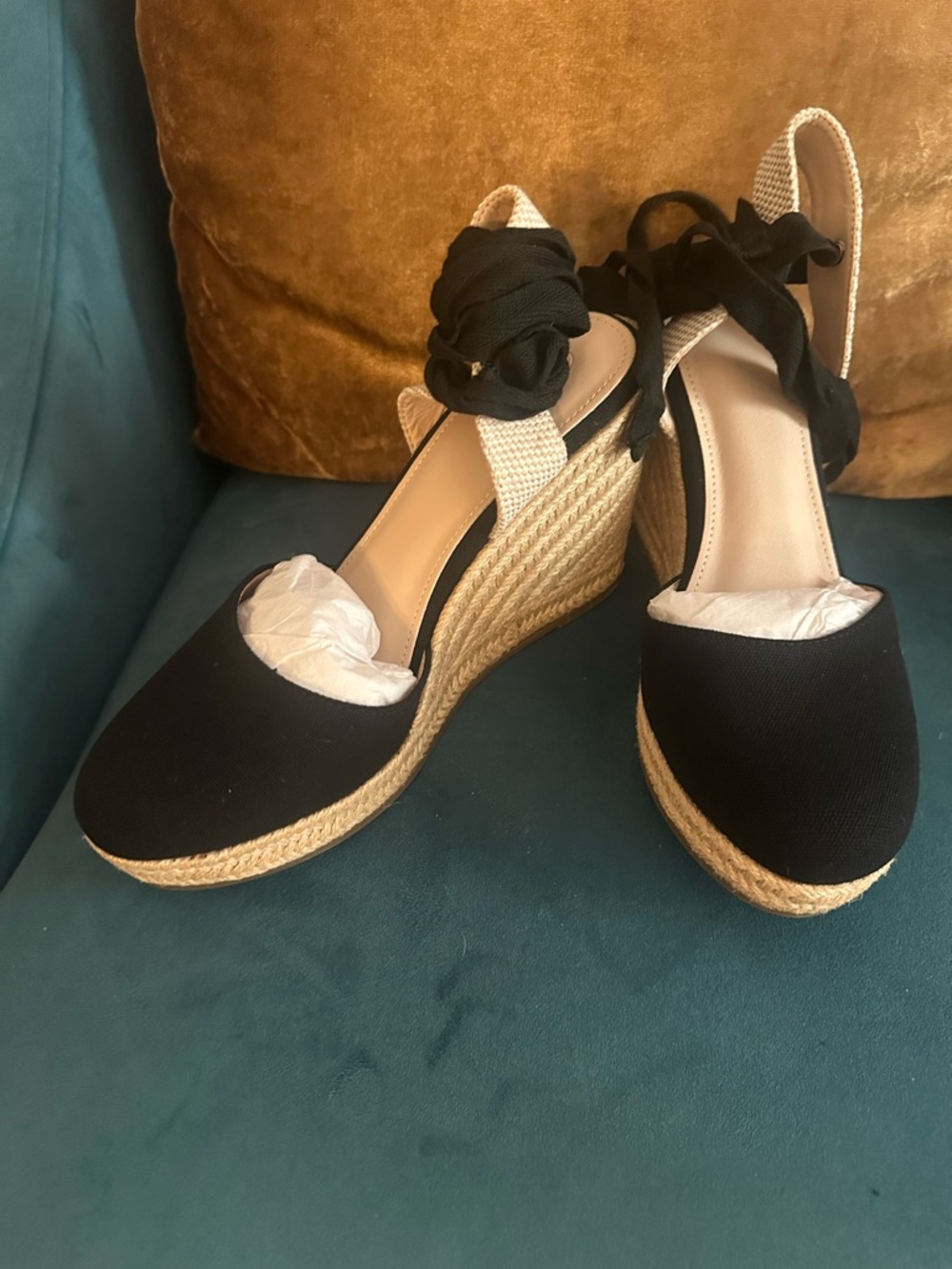 Fisace Black Espadrille Wedge Sandals with Ankle Tie